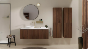 Moderne badkamermeubels met een ronde spiegel.